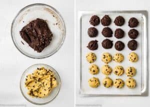 Two glass bowls of cookie dough—chocolate and chocolate chip—on the left; on the right, scoops of Eggless Brookie Cookies (One Dough) arranged on a parchment-lined baking sheet.