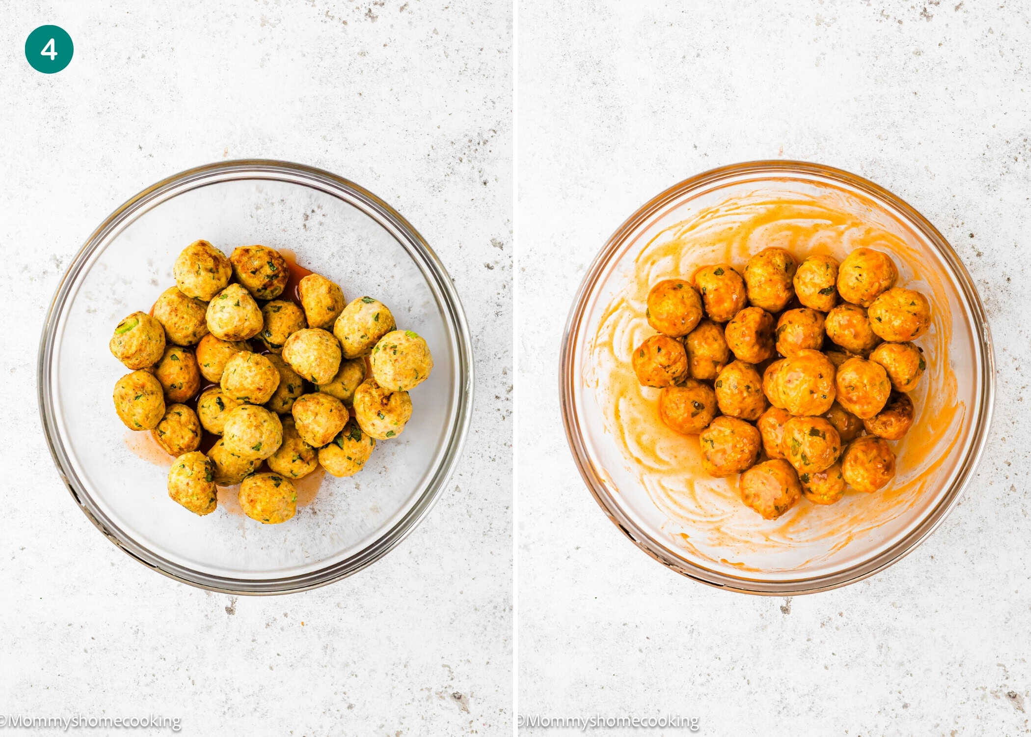 Two side-by-side images of a glass bowl: the left shows plain Eggless Buffalo Chicken Meatballs, the right shows the same meatballs coated in an orange sauce.