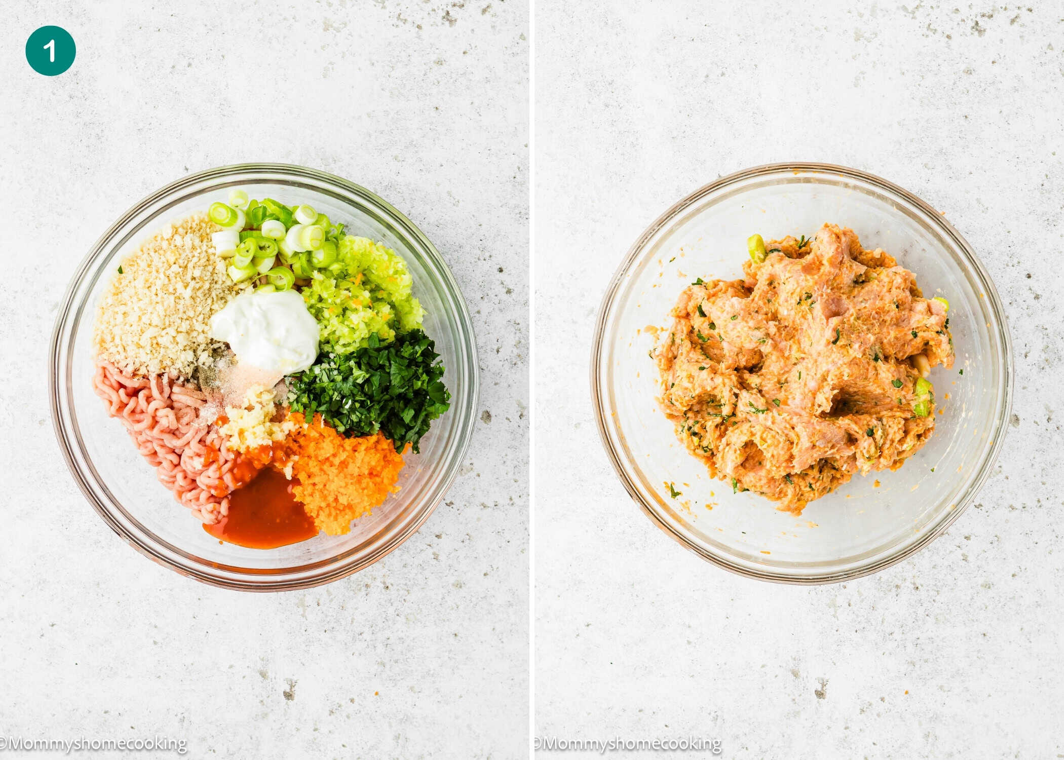 Two glass bowls: the left shows separated raw ingredients for Eggless Buffalo Chicken Meatballs—ground meat, vegetables, breadcrumbs, and sauce; the right shows the same ingredients mixed together.