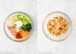 Two glass bowls: the left shows separated raw ingredients for Eggless Buffalo Chicken Meatballs—ground meat, vegetables, breadcrumbs, and sauce; the right shows the same ingredients mixed together.