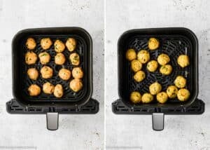 Two side-by-side images show an air fryer basket with Eggless Buffalo Chicken Meatballs. The left side displays raw meatballs, while the right side shows them browned and cooked.