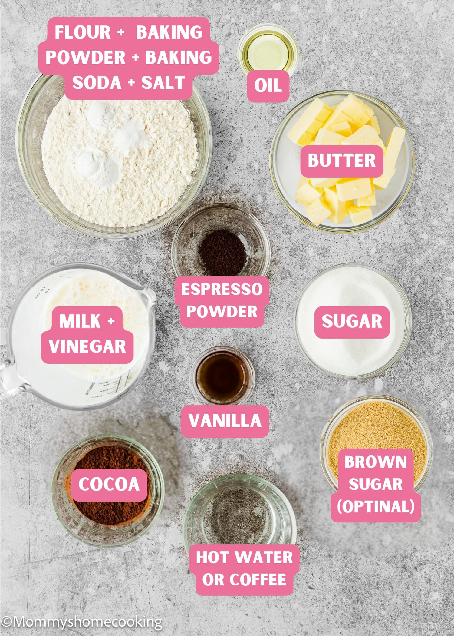 Various baking ingredients for an Eggless Marble Bundt Cake are arranged on a light surface, each labeled: flour mixture, oil, butter, milk with vinegar, espresso powder, vanilla, sugar, brown sugar, cocoa, and hot water or coffee.