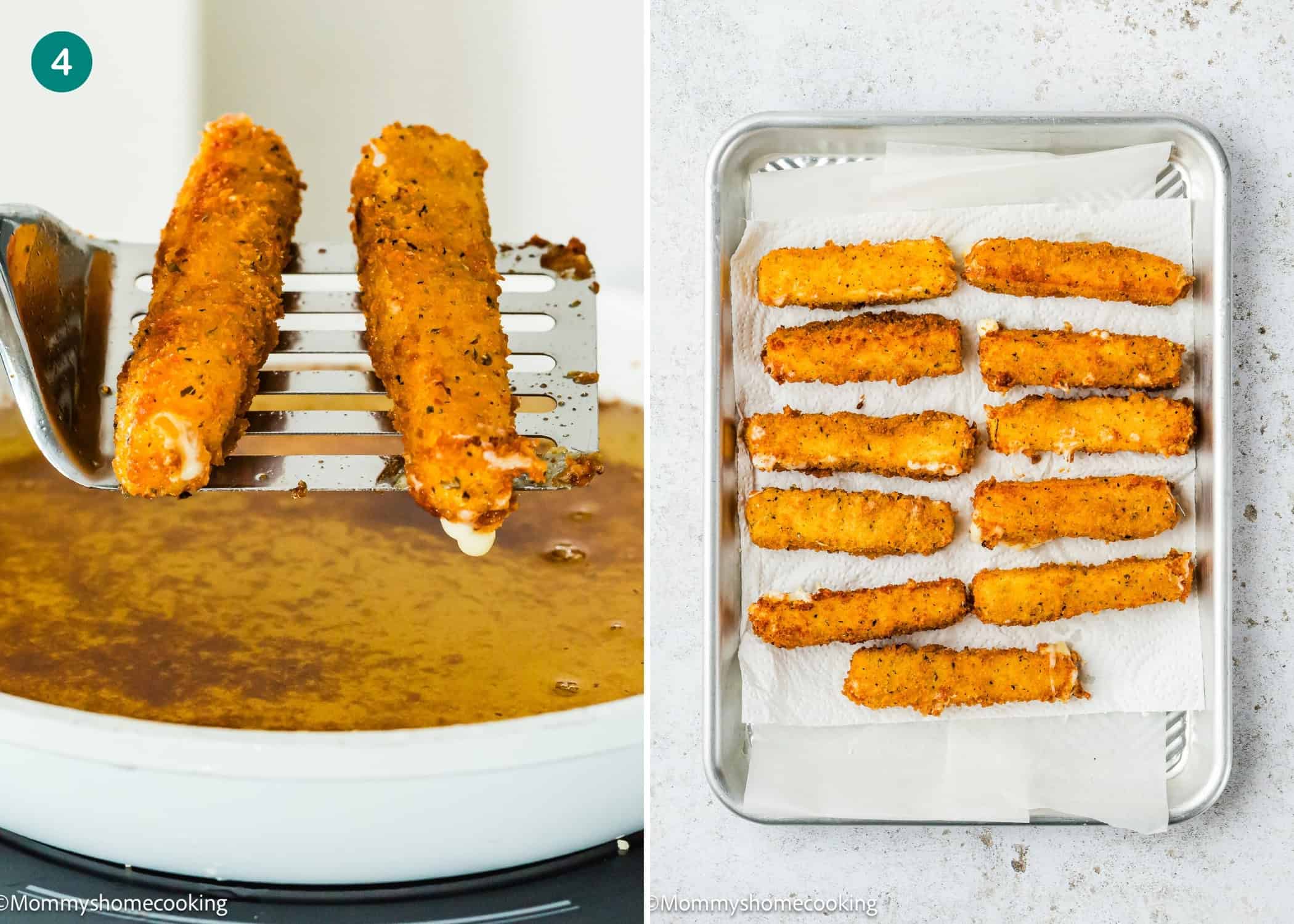 Two images: On the left, Eggless Mozzarella Sticks being lifted from oil with a spatula; on the right, mozzarella sticks arranged on a paper towel-lined tray.