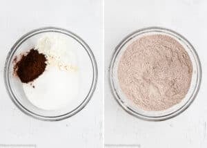 Two glass bowls: the left displays dry baking ingredients for Eggless Red Velvet Sheet Cake, including cocoa powder, sugar, and flour; the right shows these ingredients thoroughly mixed together.