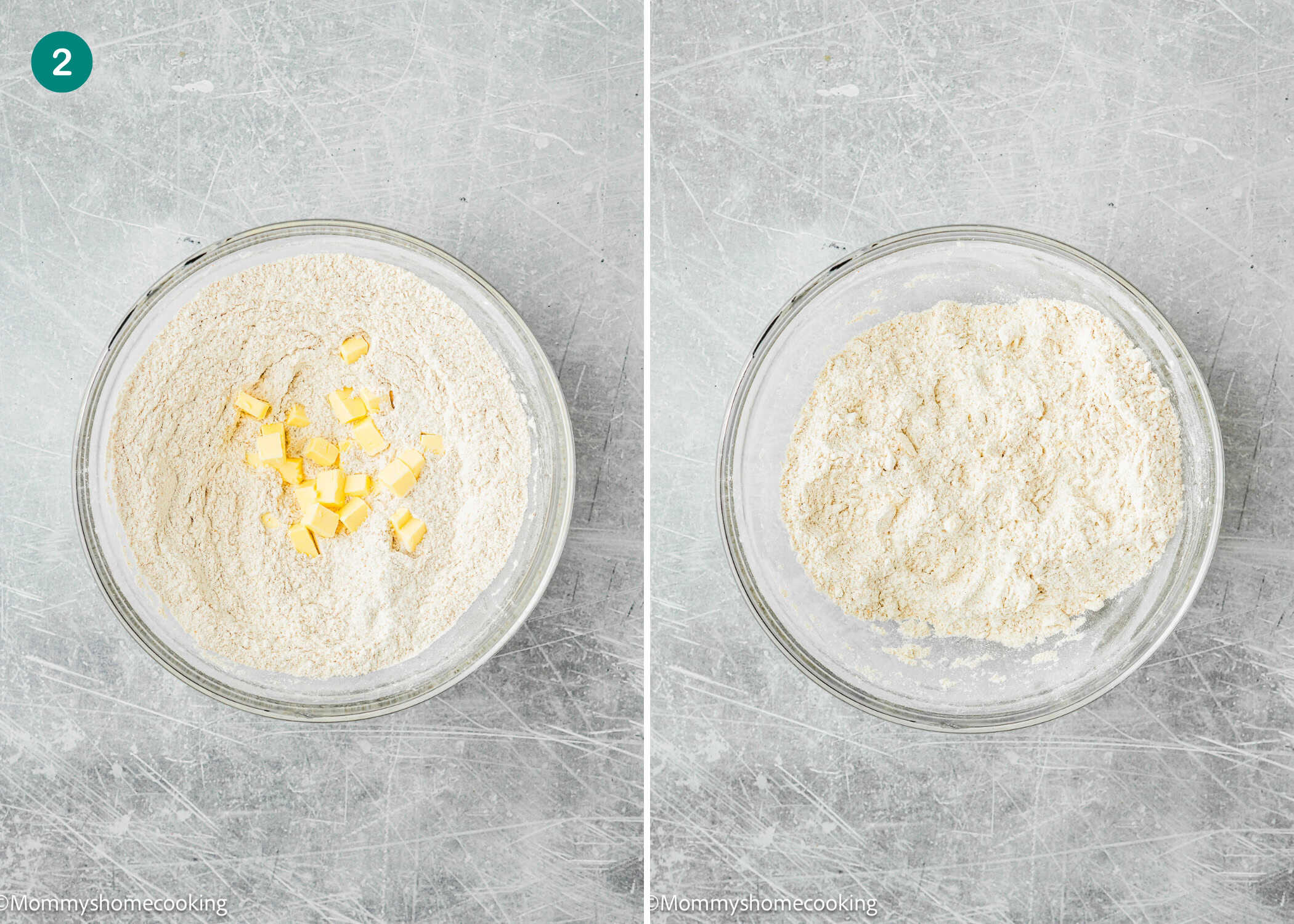 Two glass bowls on a scratched surface: the left holds flour and cubes of butter for Irish Soda Bread (No eggs!); the right shows the flour and butter blended together.