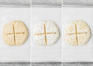 Three stages of Irish Soda Bread (No eggs!) dough on parchment paper: plain, floured, and topped with oats, each scored with a cross in the center.