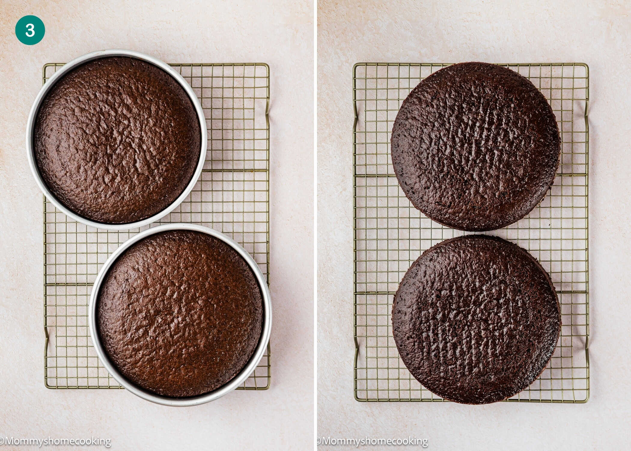 Two round Ultra-Fudgy Eggless Chocolate Layer Cakes (Matilda Inspired) in pans on a cooling rack (left), and the same cakes removed from pans and cooling on the rack (right).