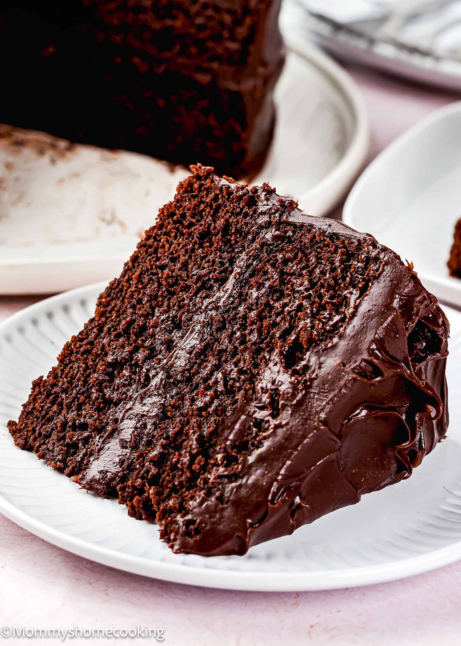 A slice of ultra-fudgy eggless chocolate layer cake (Matilda inspired) with chocolate frosting on a white plate.