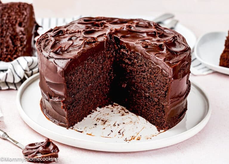 An ultra-fudgy eggless chocolate layer cake (Matilda inspired) with rich chocolate frosting, sliced to show the moist inside, sits on a white plate.