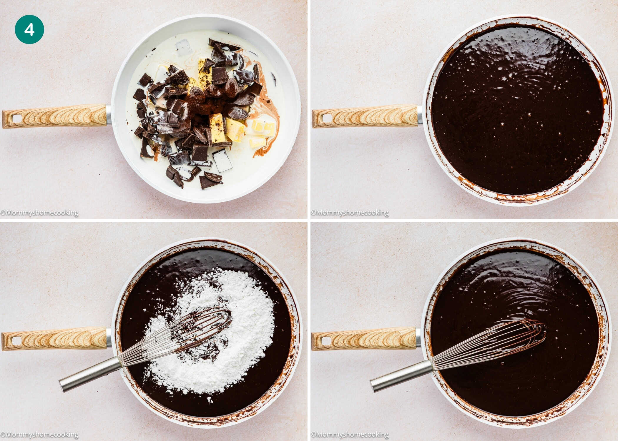 Four-panel image showing a saucepan with chocolate and butter for an Ultra-Fudgy Eggless Chocolate Layer Cake (Matilda Inspired), melted and mixed, dry ingredients added, and a whisk stirring the chocolate mixture.