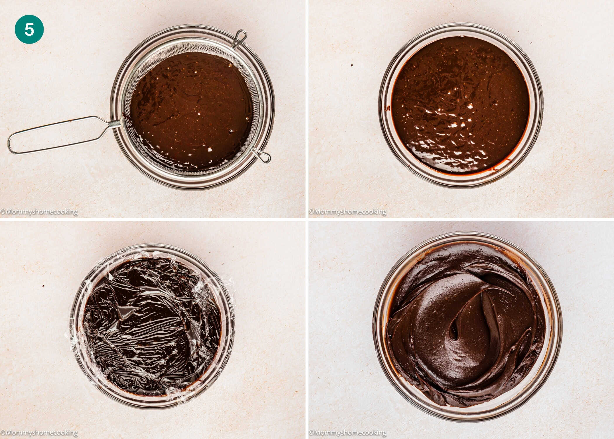 Four panels showing chocolate pastry cream for an Ultra-Fudgy Eggless Chocolate Layer Cake (Matilda Inspired) being strained, covered with plastic wrap, and then whisked to a smooth texture in a glass bowl on a light surface.