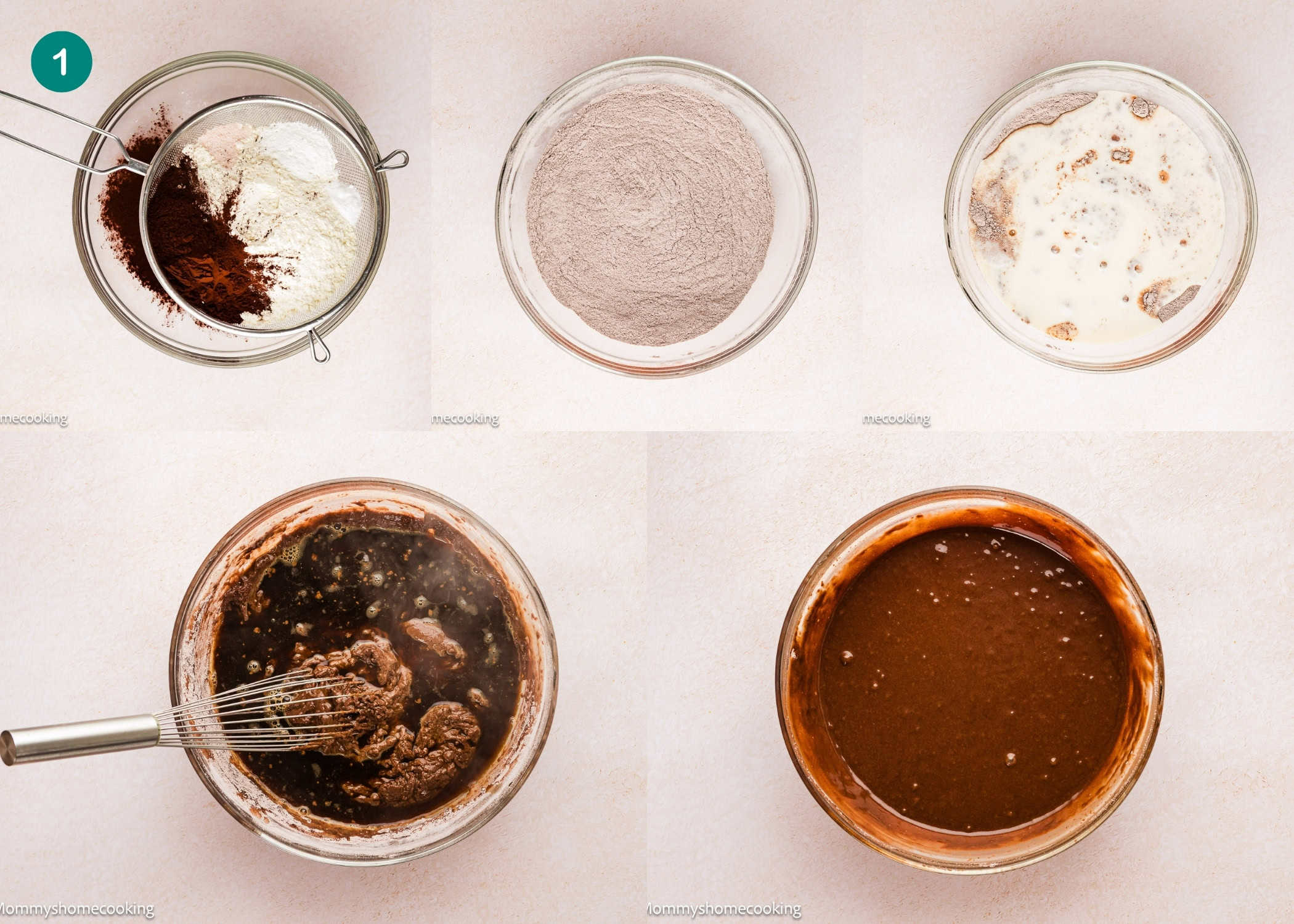 Five stages of mixing Ultra-Fudgy Eggless Chocolate Layer Cake (Matilda Inspired) batter: sifting dry ingredients, combined dry mix, adding wet ingredients, whisking together, and finishing with a smooth batter.