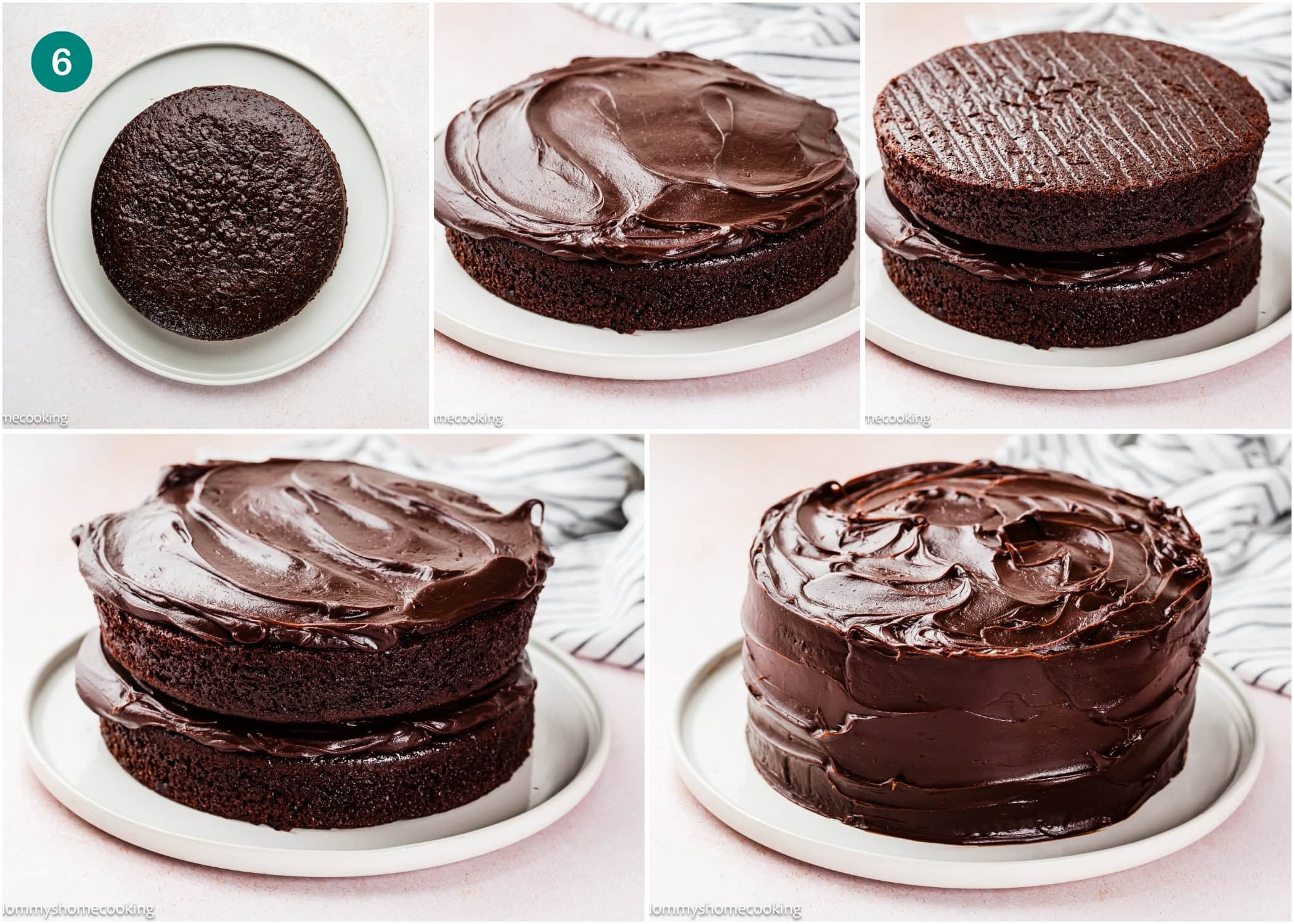 Five-step process showing an Ultra-Fudgy Eggless Chocolate Layer Cake (Matilda Inspired) being stacked and covered with chocolate frosting on a white plate.