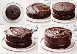 Five-step process showing an Ultra-Fudgy Eggless Chocolate Layer Cake (Matilda Inspired) being stacked and covered with chocolate frosting on a white plate.