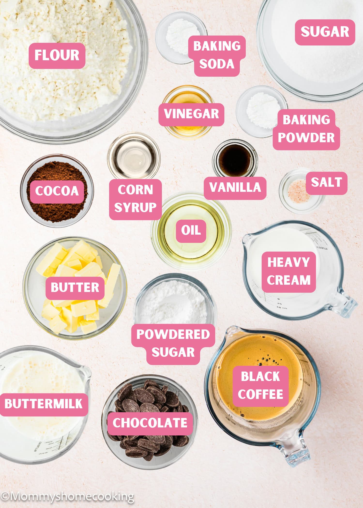 Top-down view of labeled baking ingredients for an Ultra-Fudgy Eggless Chocolate Layer Cake (Matilda Inspired), including flour, sugar, cocoa, corn syrup, vinegar, oil, butter, buttermilk, heavy cream, powdered sugar, baking soda and powder, vanilla, chocolate and black coffee.