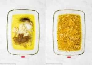 Two side-by-side glass baking dishes: the left shows unmixed marinade ingredients for Easy Baked Lemon Chicken Thighs, and the right displays the same ingredients thoroughly mixed together.