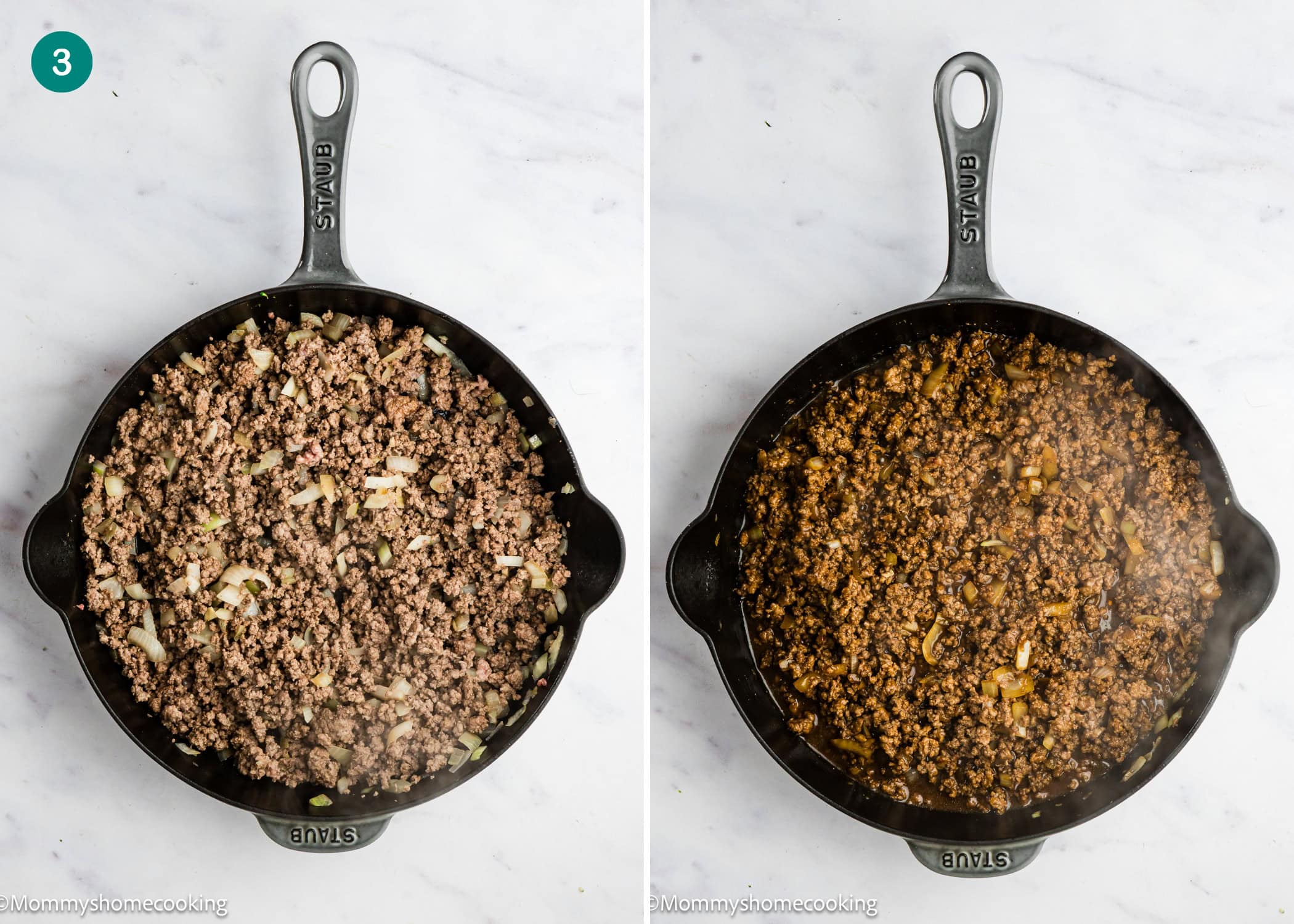 Side-by-side photo of ground beef cooking in a cast iron skillet; left shows beef with onions, right shows beef browned and seasoned for an Easy Ground Beef and Broccoli (20-Minute Dinner).