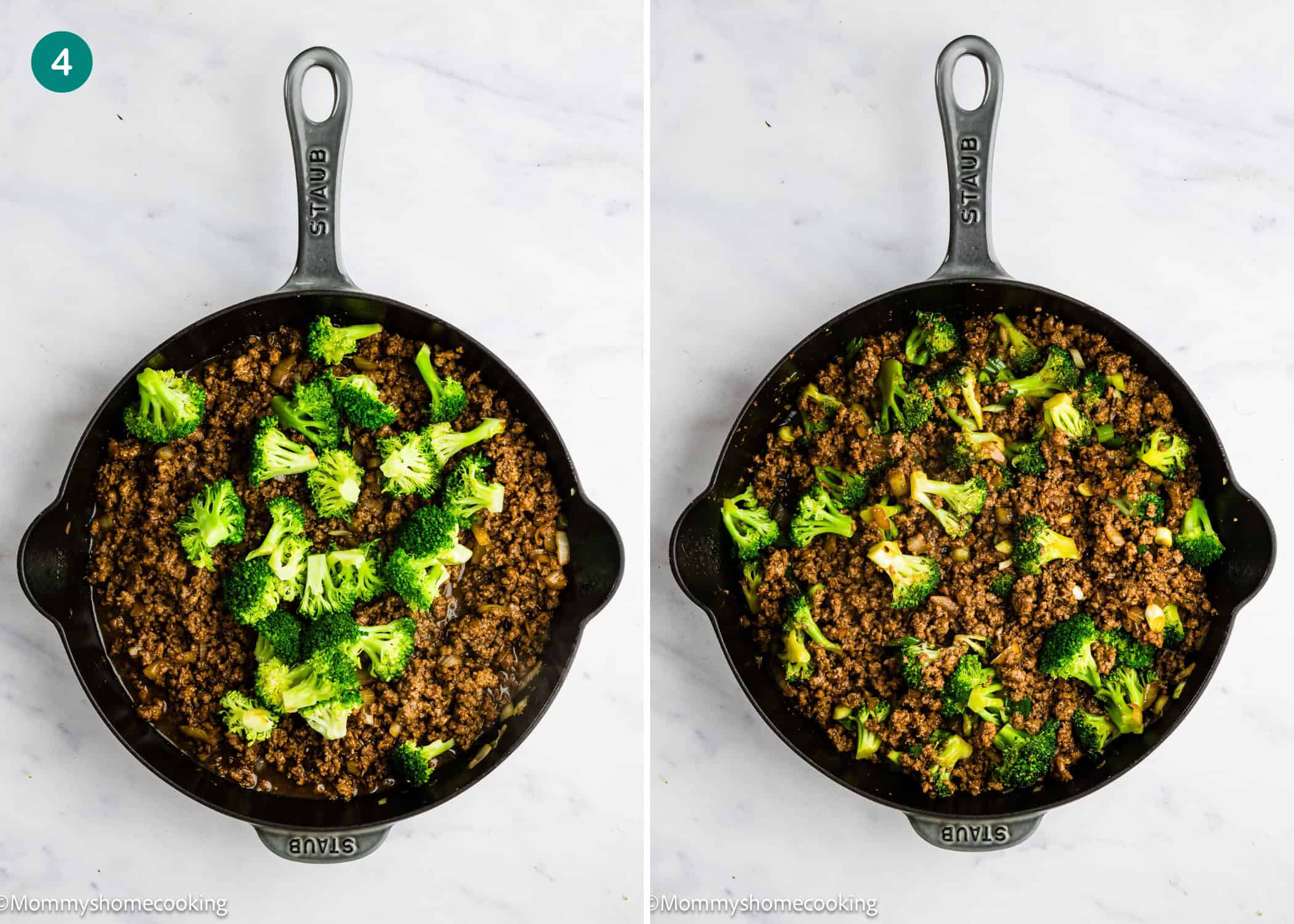 Two side-by-side images showing a cast iron skillet with ground beef and broccoli on a white surface, the left before mixing and the right after mixing—perfect for making Easy Ground Beef and Broccoli (20-Minute Dinner).