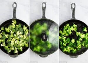 Three images show broccoli florets in a skillet: uncooked, covered with a lid while steaming, and fully cooked, all on a white surface—perfect for an Easy Ground Beef and Broccoli (20-Minute Dinner) recipe.