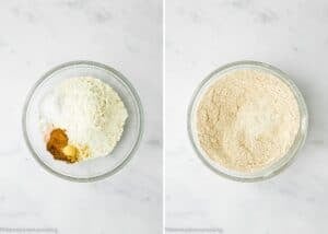 Two glass bowls on a white surface: the left holds dry ingredients for Egg-Free Morning Glory Muffins, and the right shows these ingredients blended together.