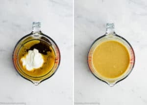 Two side-by-side images show a glass measuring cup: the left holds pumpkin puree, sour cream, and other ingredients for Egg-Free Morning Glory Muffins; the right displays the same mixture blended until smooth.