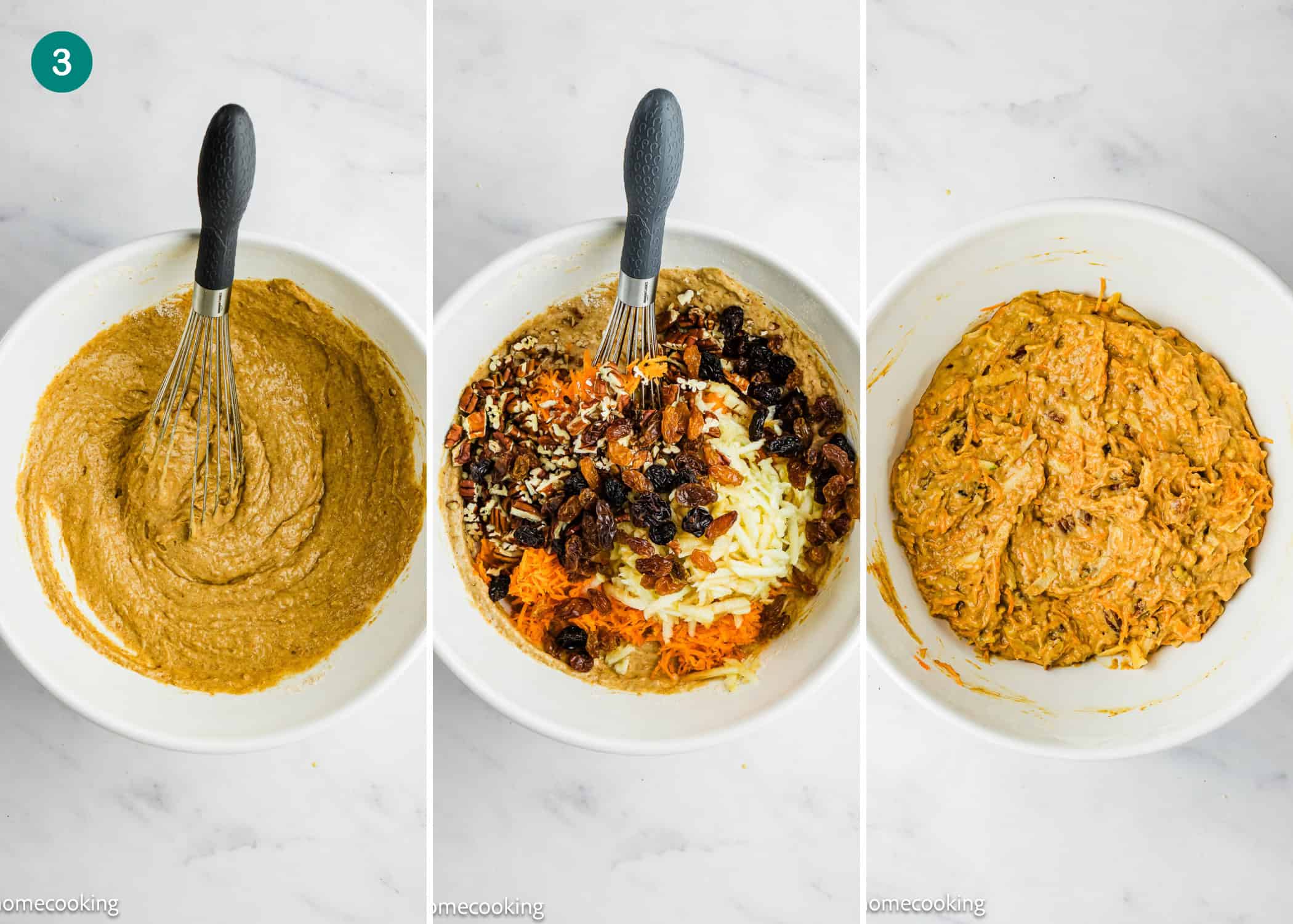 Three bowls show stages of carrot cake batter: plain batter, then with grated carrot, raisins, and nuts added, and finally mixed batter ready for baking—perfect inspiration for Egg-Free Morning Glory Muffins.