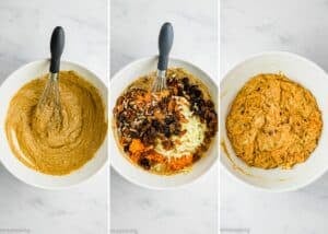 Three stages of Egg-Free Morning Glory Muffins batter in white bowls: plain batter, batter with added nuts, raisins, apples, and carrots, and fully mixed batter, each with a whisk.