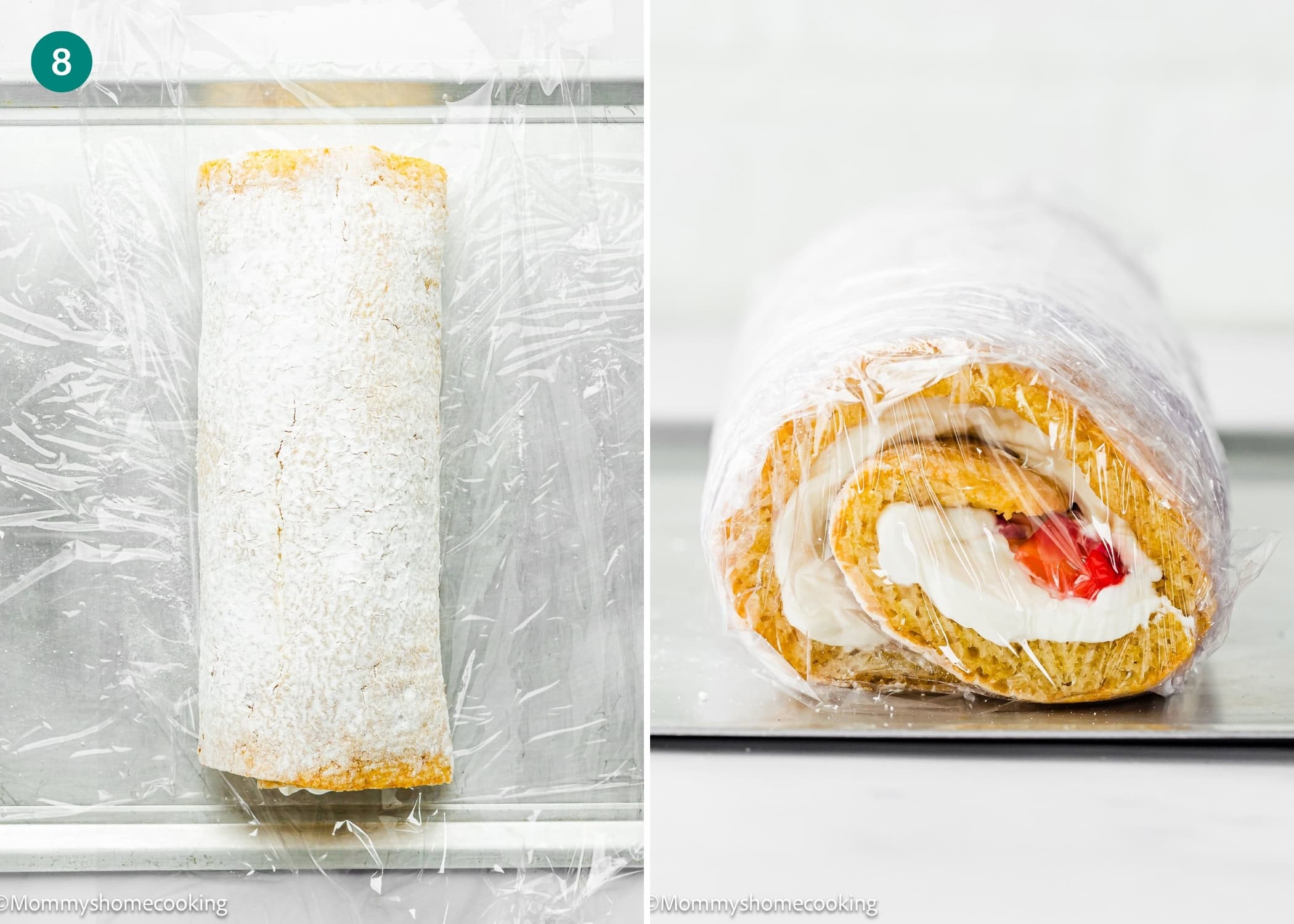 Two images of an Egg-Free Vanilla Roll Cake: one fully wrapped in plastic wrap, and the other partially unwrapped to show the cream and strawberry filling inside.