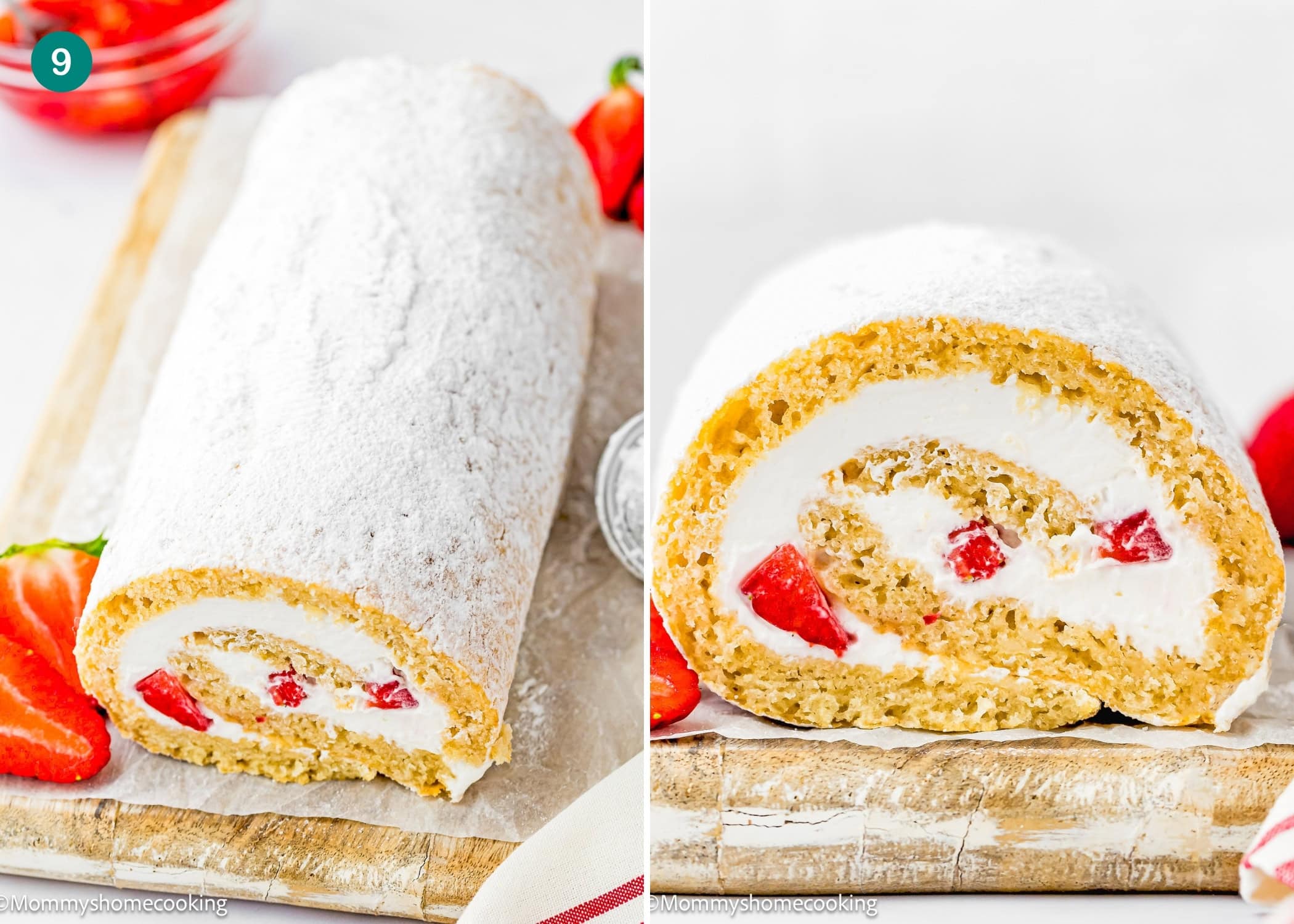 An Egg-Free Vanilla Roll Cake filled with cream and fresh strawberries, dusted with powdered sugar, is shown sliced on a wooden board.