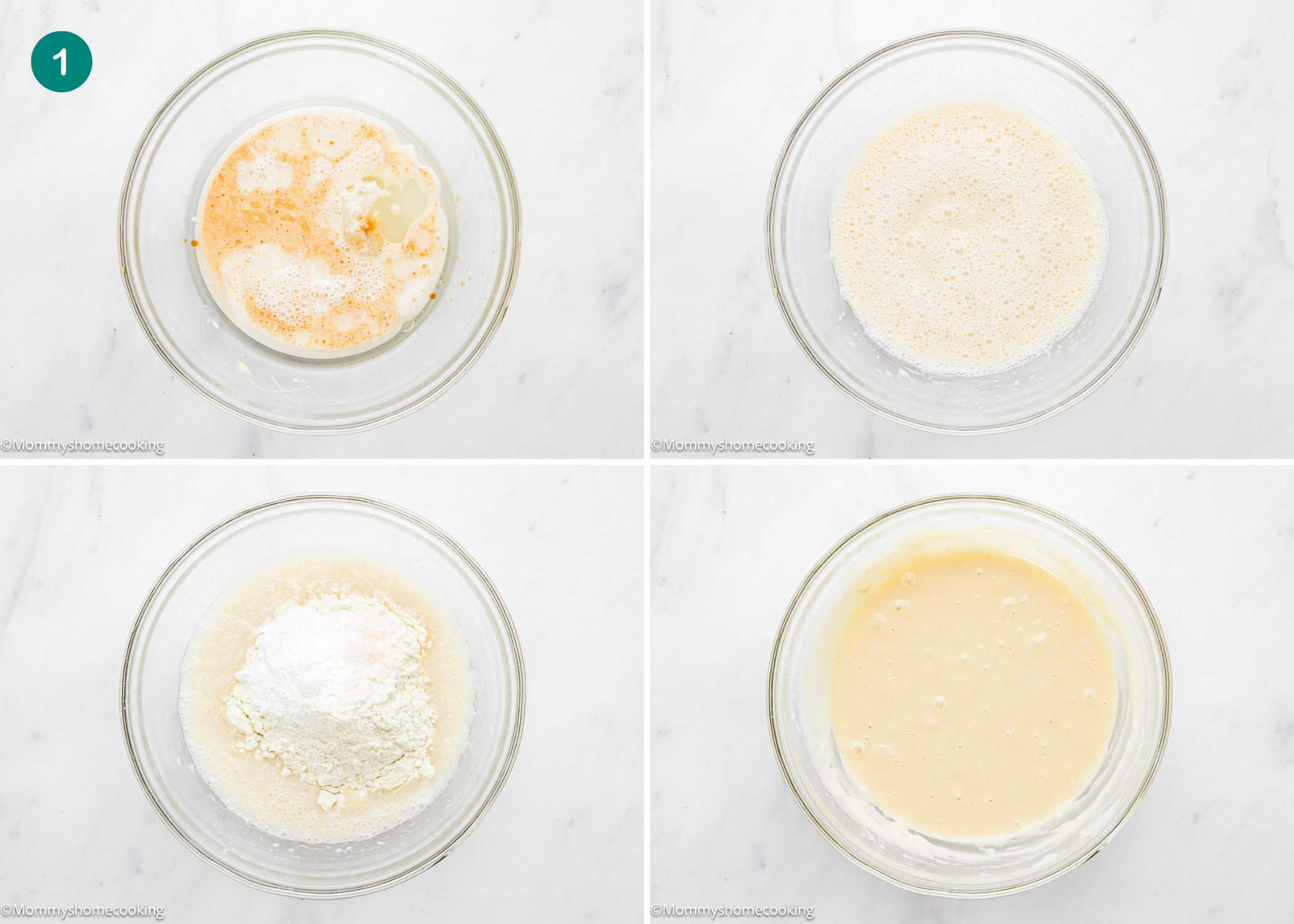 Four glass bowls show step-by-step mixing of wet and dry ingredients for Egg-Free Vanilla Roll Cake, transitioning from separated liquids to a smooth, combined mixture.