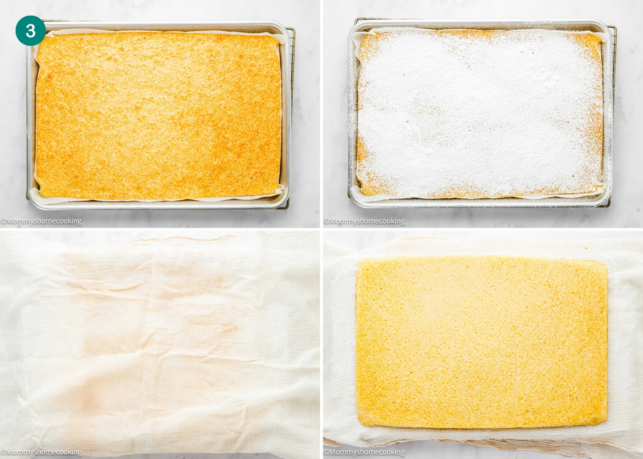 Four-step process showing an Egg-Free Vanilla Roll Cake: yellow sponge cake is dusted with powdered sugar, covered with a cloth, and then flipped out onto the cloth.
