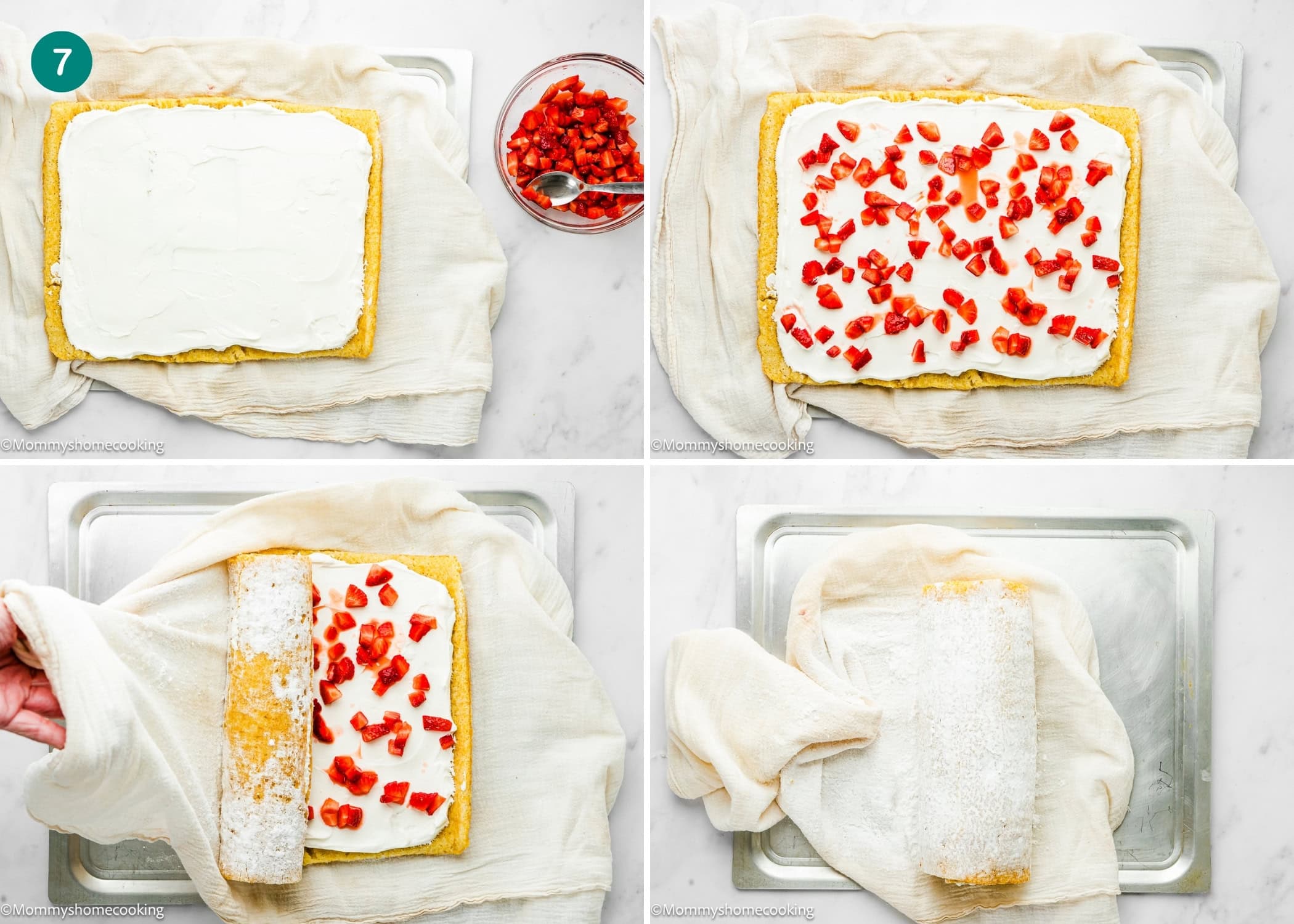 Four-step process of making an Egg-Free Vanilla Roll Cake: spreading cream, adding chopped strawberries, rolling the cake with a towel, and finishing with a dusting of powdered sugar.
