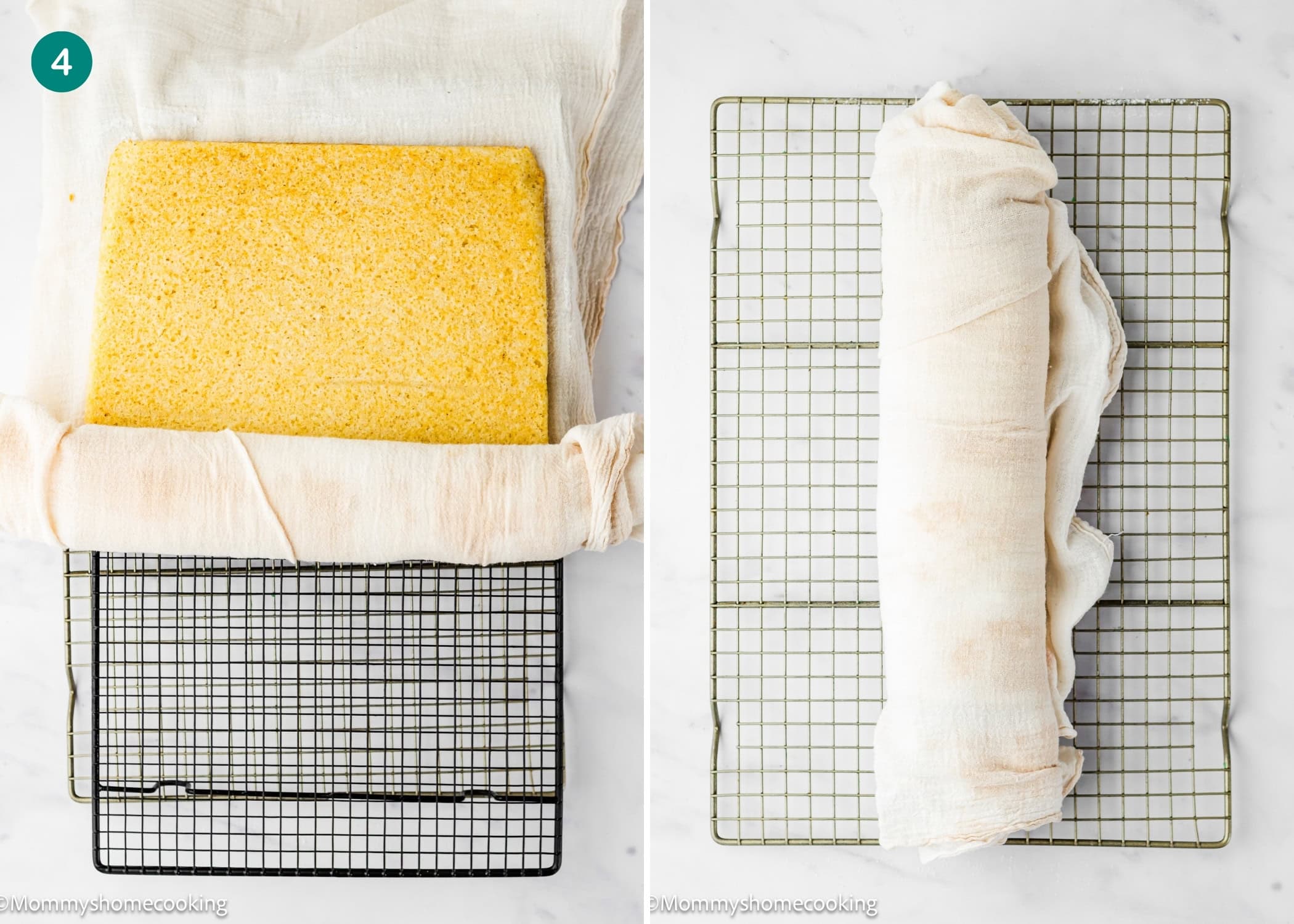 An Egg-Free Vanilla Roll Cake is being rolled up on a cloth atop a cooling rack; the second image shows the cake fully rolled in the cloth on the rack.