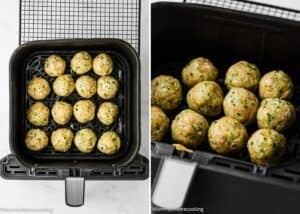 Eggless Simple Air Fryer Turkey Meatballs (Juicy & Veggie Packed) arranged in an air fryer basket, shown from above and a close-up side view, ready to be cooked.