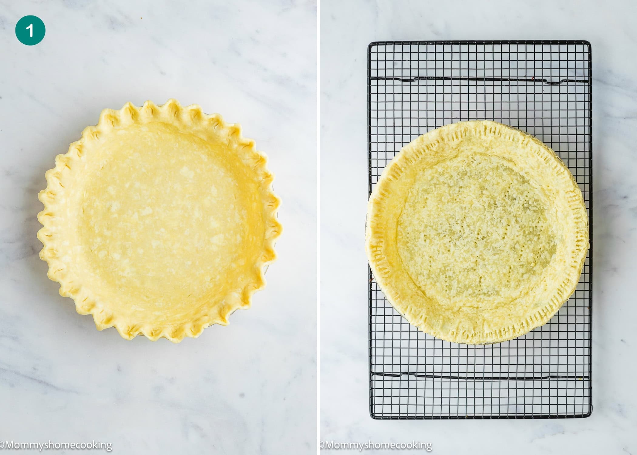 A photo shows an unbaked Eggless Buttermilk Pie crust in a dish on the left and a baked pie crust cooling on a wire rack on the right, both set on a marble surface.