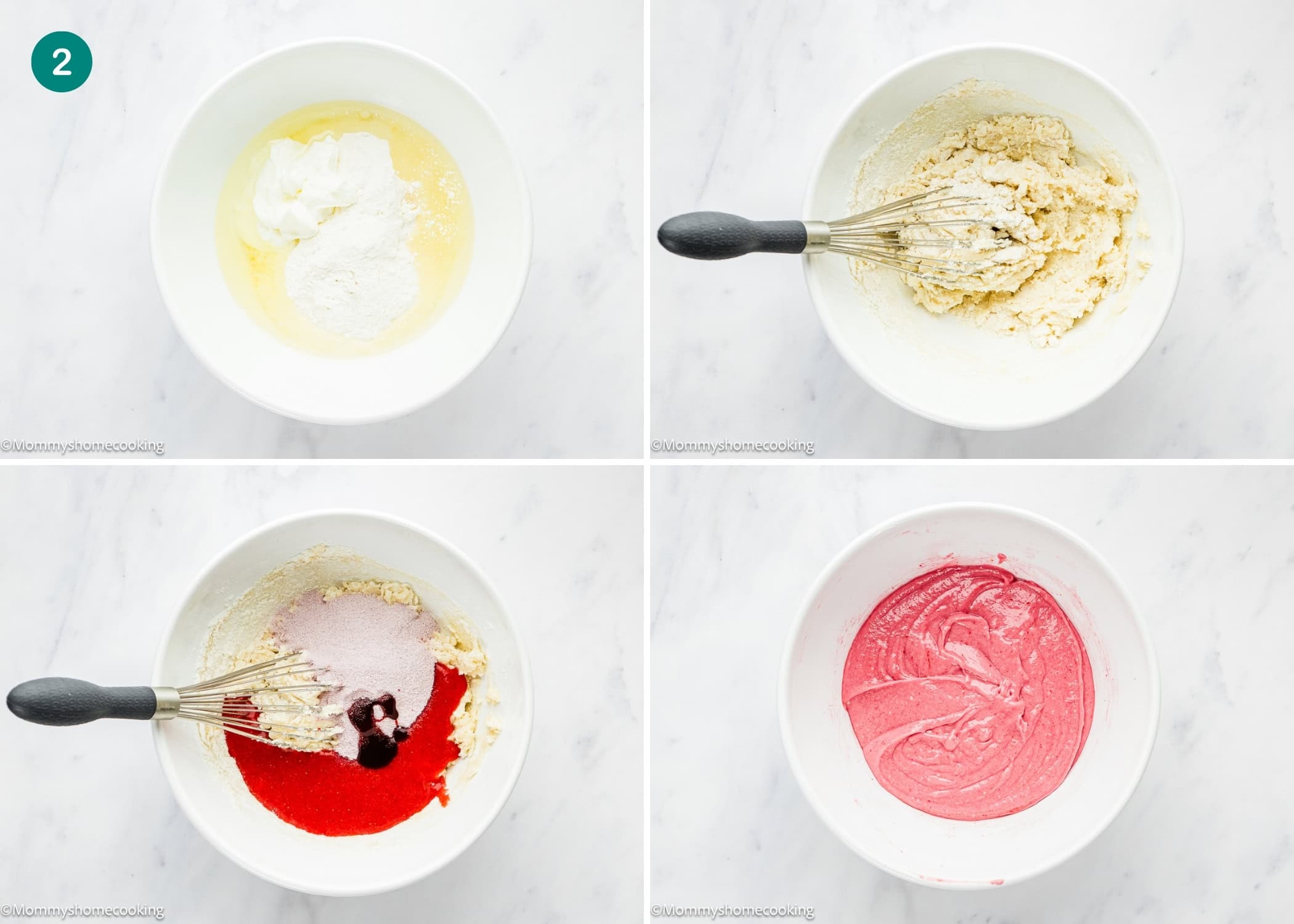 Four-step collage showing a white mixing bowl with ingredients for Eggless Easy Strawberry Sheet Cake (Easy with Cake Mix): flour and liquid combined, partially mixed batter, red coloring and sugar added, then fully mixed pink batter.