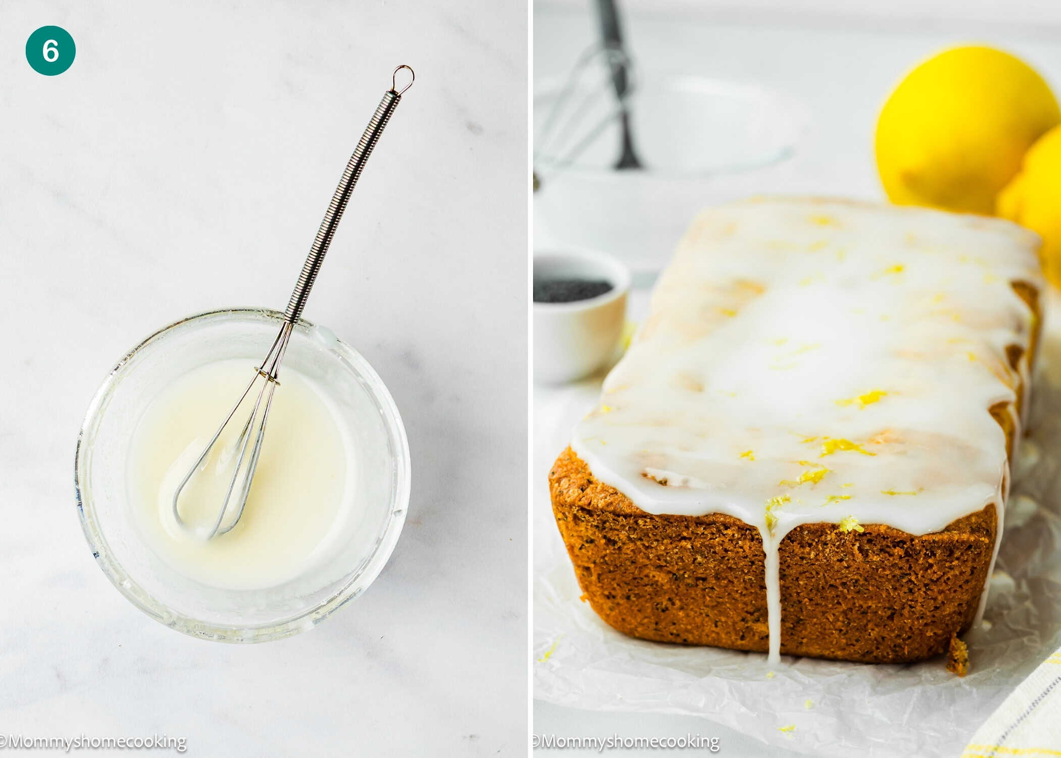 A bowl of white icing with a whisk beside an Eggless Lemon Poppy Seed Loaf Cake topped with white icing, a zester, and whole lemons on a marble surface.