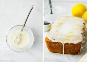 A bowl of white glaze with a whisk next to an Eggless Lemon Poppy Seed Loaf Cake topped with white icing, sitting on parchment paper with a lemon in the background.