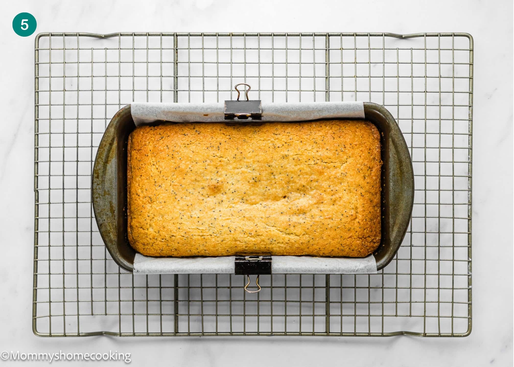 An eggless lemon poppy seed loaf cake sits in a parchment-lined pan on a wire cooling rack atop a white marble surface.