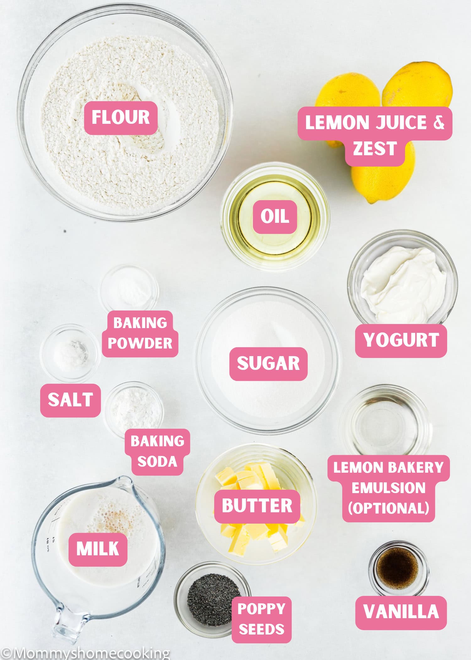 Top-down view of labeled baking ingredients for an Eggless Lemon Poppy Seed Loaf Cake, including flour, sugar, butter, oil, yogurt, milk, vanilla, salt, baking powder and soda, lemon juice and zest, lemon emulsion, and poppy seeds.