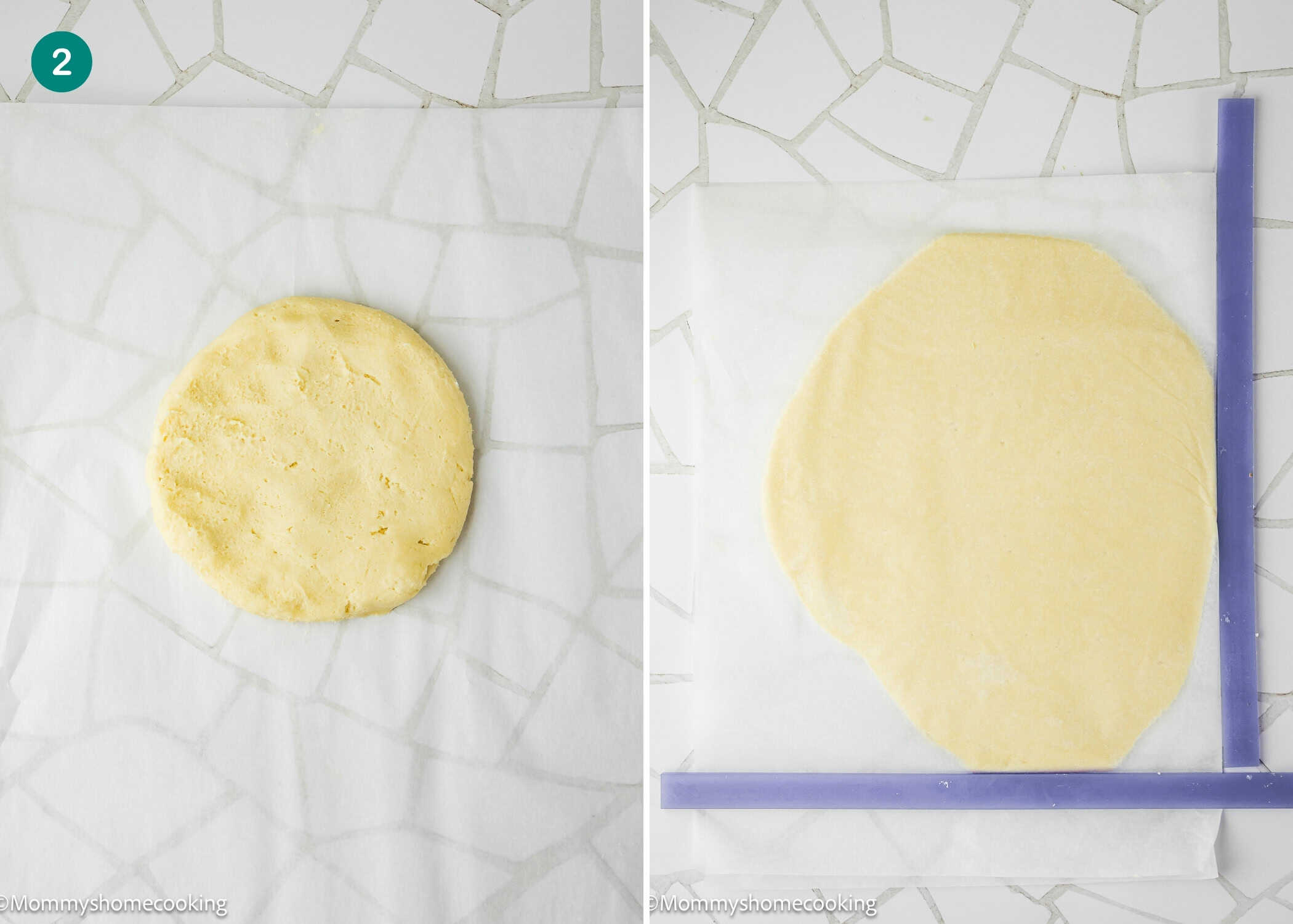 Side-by-side images show Eggless Patrick’s Day Sugar Cookies dough: on the left, a round disc of dough on parchment paper; on the right, the dough rolled flat with rulers for even thickness.