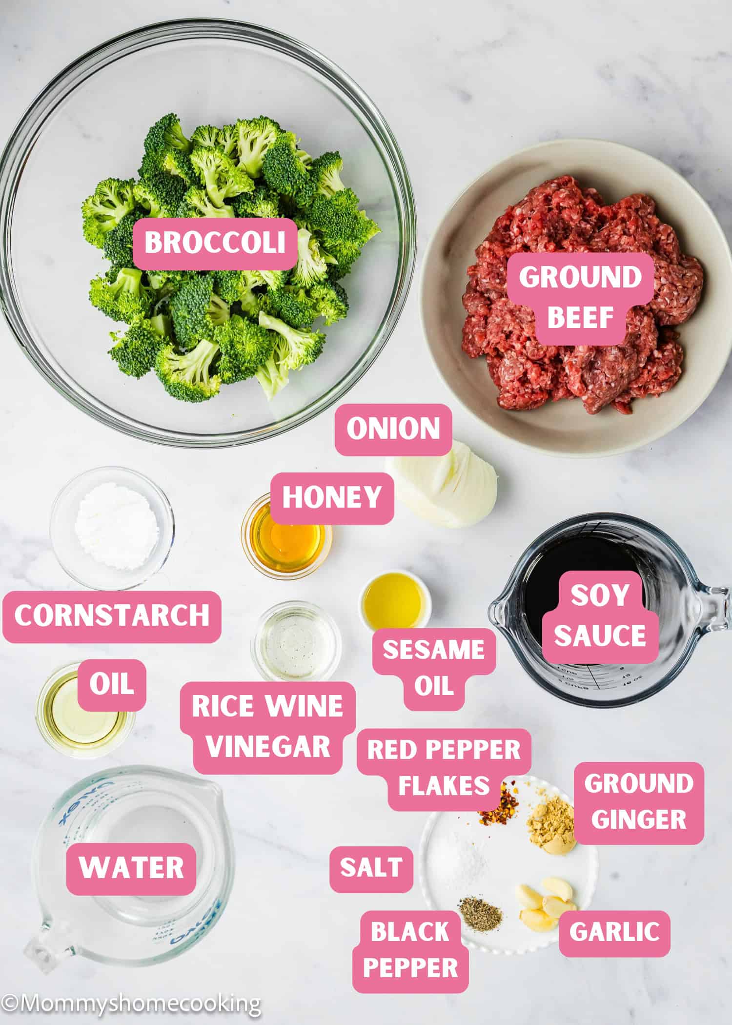 Ingredients for Ground Beef and Broccoli (20-minute dinner), including broccoli, ground beef, onion, garlic, soy sauce, sesame oil, honey, cornstarch, rice wine vinegar, oil, water, and assorted spices.