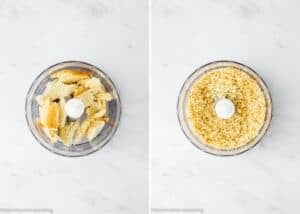 Side-by-side images showing bread pieces in a food processor on the left and processed bread crumbs on the right, both on a white marble surface—perfect for Mini Meatloaf Muffins (No Eggs!).