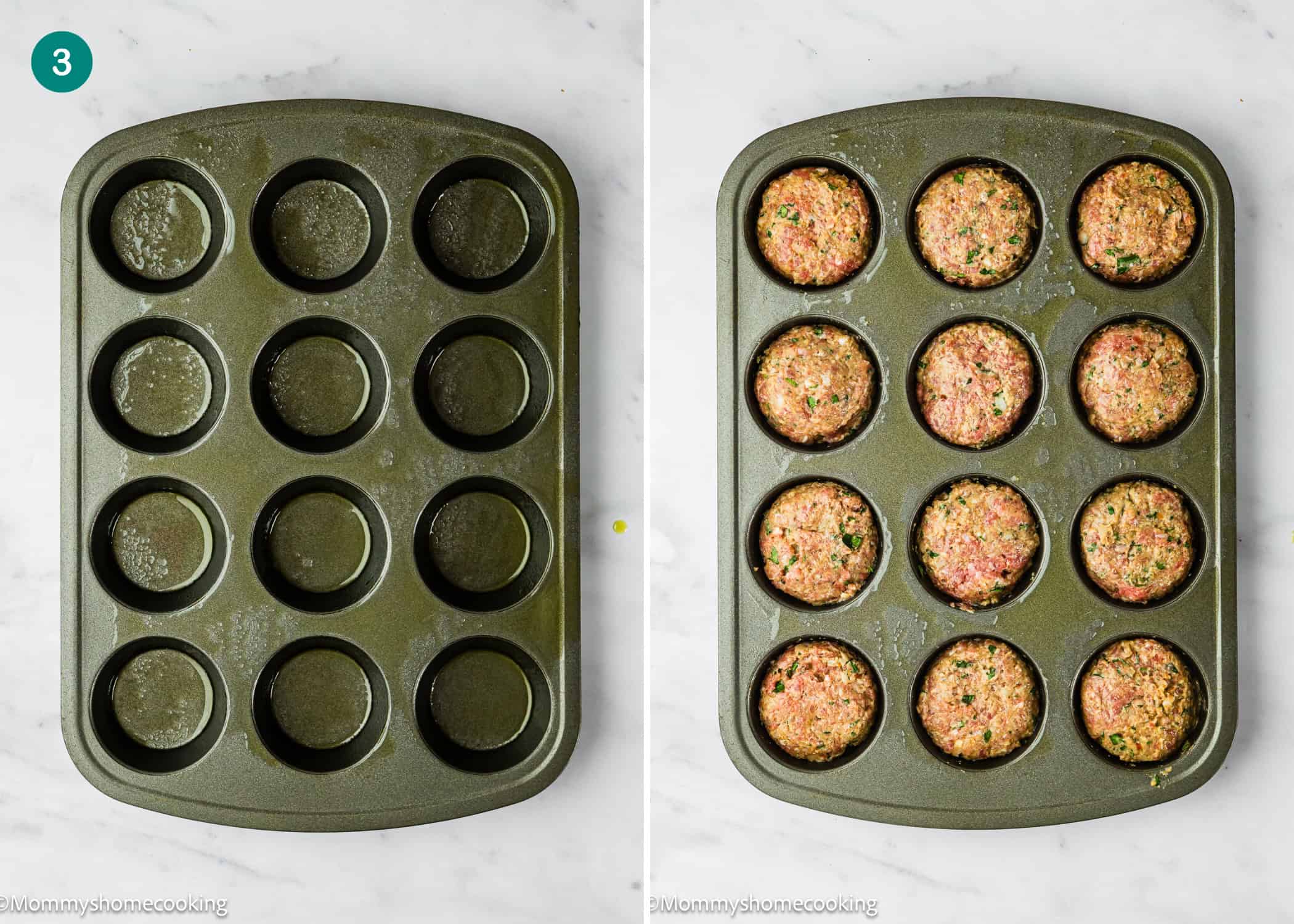 A 12-cup muffin tin sits on a marble surface—empty on the left and filled with uncooked Mini Meatloaf Muffins (No Eggs!) on the right.