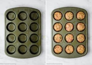 A 12-cup muffin pan, perfect for making Mini Meatloaf Muffins (No Eggs!), is shown empty on the left and filled with raw meat mixture on the right, both placed on a marble surface.