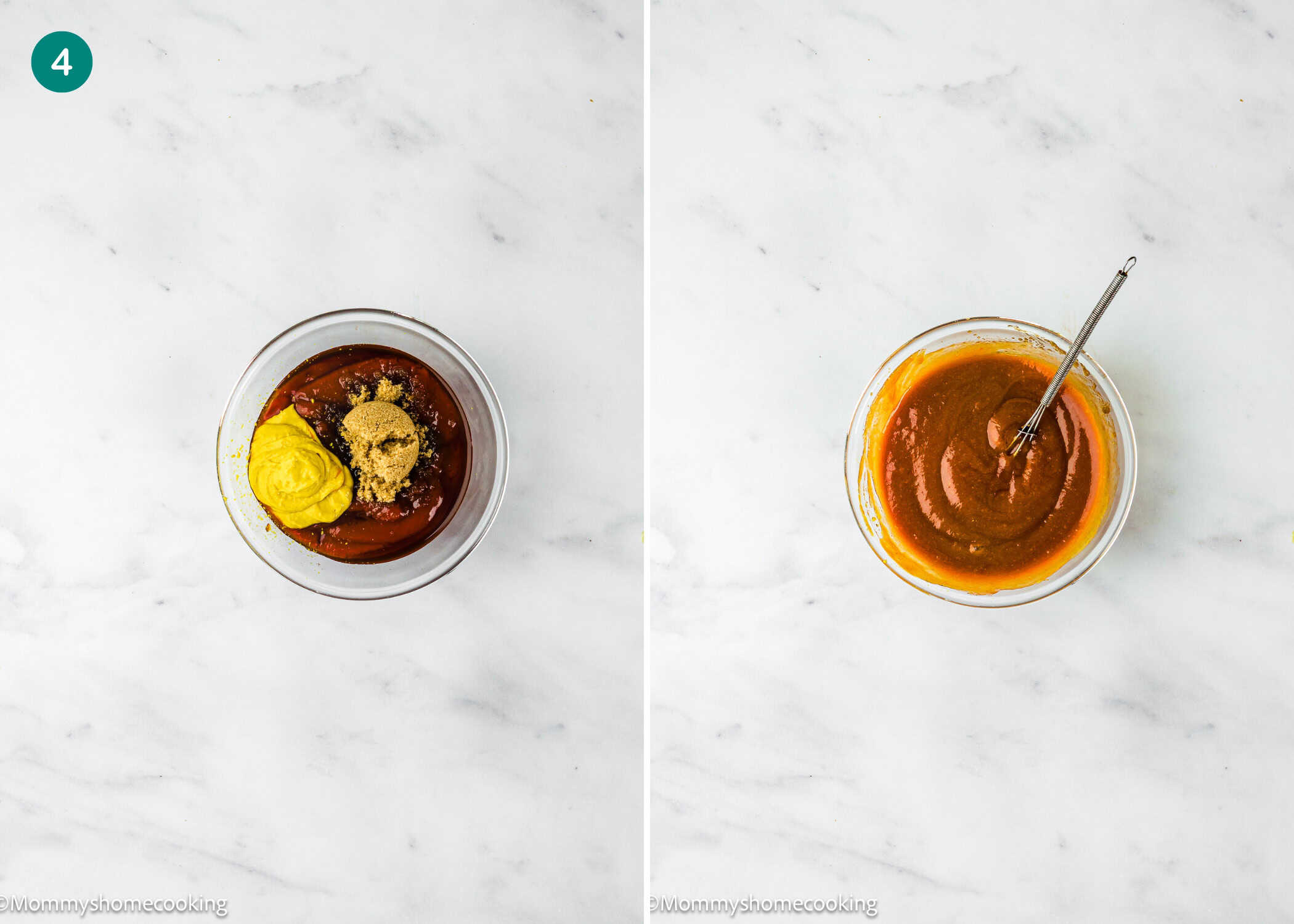 A bowl with ketchup, mustard, brown sugar, and spices for Mini Meatloaf Muffins (No Eggs!) before mixing on the left, and the same bowl with everything combined on the right.