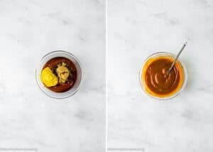 Two side-by-side images: the left shows a bowl with Mini Meatloaf Muffins (No Eggs!) barbecue sauce ingredients; the right displays the same bowl with the ingredients blended into a smooth sauce and a spoon inside.