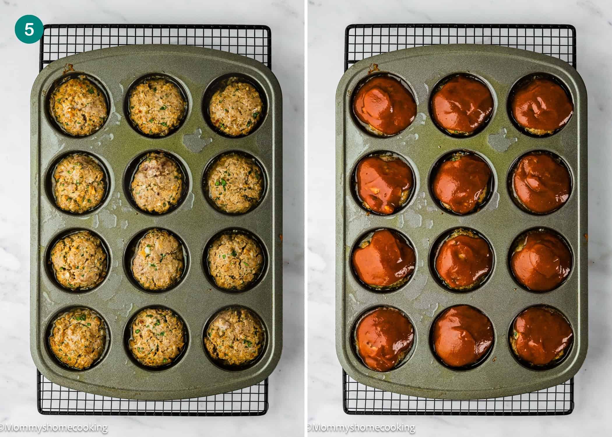 Two side-by-side images show a muffin tin: the left side has uncooked Mini Meatloaf Muffins (No Eggs!), while the right side shows them topped with sauce, ready to bake.