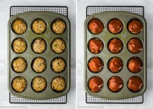 Two images of Mini Meatloaf Muffins (No Eggs!) in a muffin tin; the left shows uncooked meat mixture, the right displays them topped with sauce, ready for baking. Both tins sit on a cooling rack.