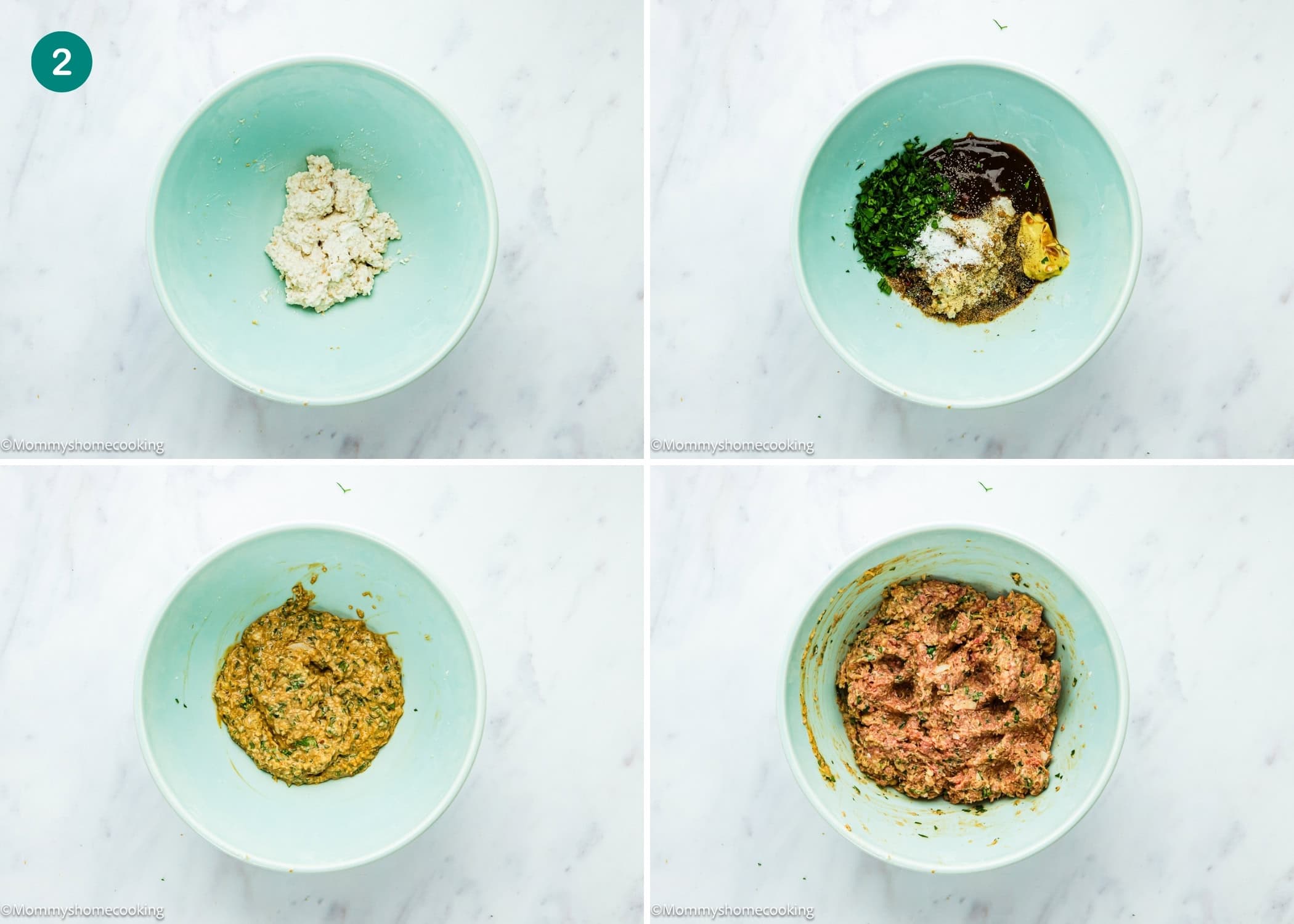 Four photos show a mixing bowl with ingredients being combined step-by-step to make Mini Meatloaf Muffins (No Eggs!), progressing from cottage cheese, spices, and herbs to a perfectly blended mixture.